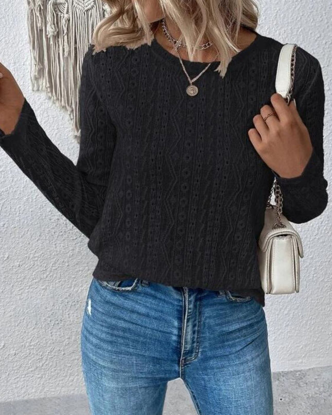 Eyelet Round Neck Long Sleeve Blouse