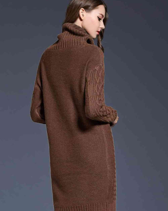 Woven Right Full Size Mixed Knit Cowl Neck Dropped Shoulder Sweater Dress