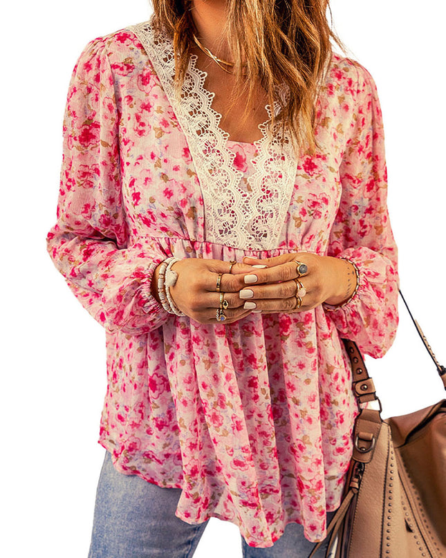 Floral Lace Trim Balloon Sleeve Blouse