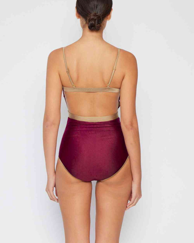 Marina West Swim Wave Break Contrast Trim One-Piece in Wine