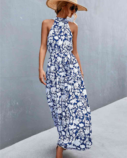 Printed Sleeveless Tie Waist Maxi Dress