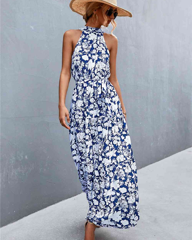 Printed Sleeveless Tie Waist Maxi Dress