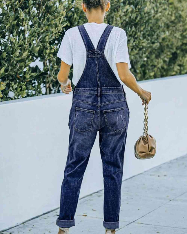 Pocketed Distressed Denim Overalls