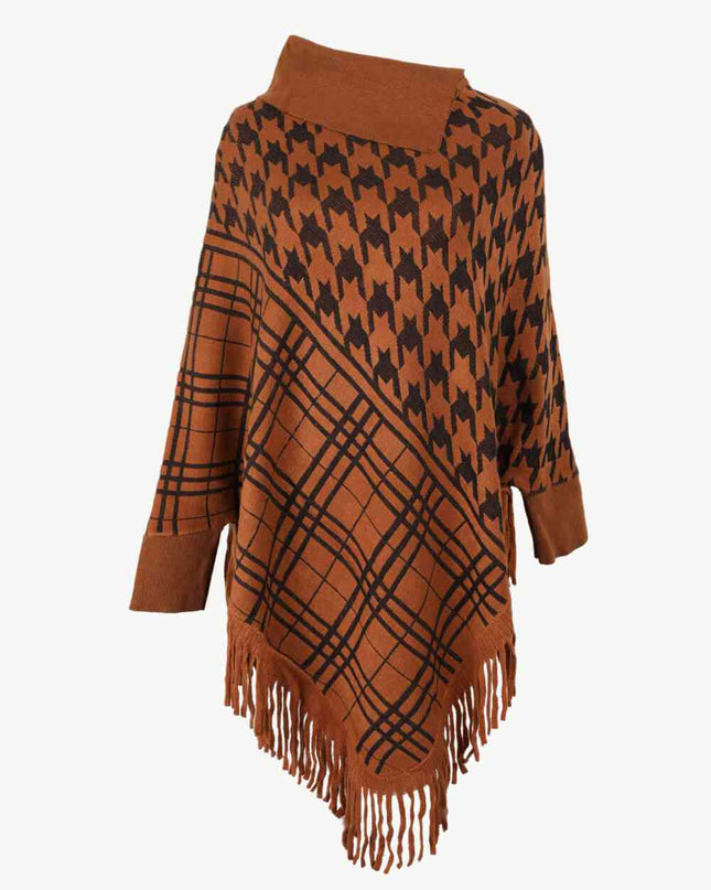Houndstooth Turtleneck Fringe Hem Poncho