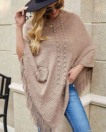 Pearl Trim Fringe Hem Poncho
