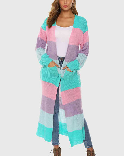 Color Block Long Sleeve Pocketed Cardigan