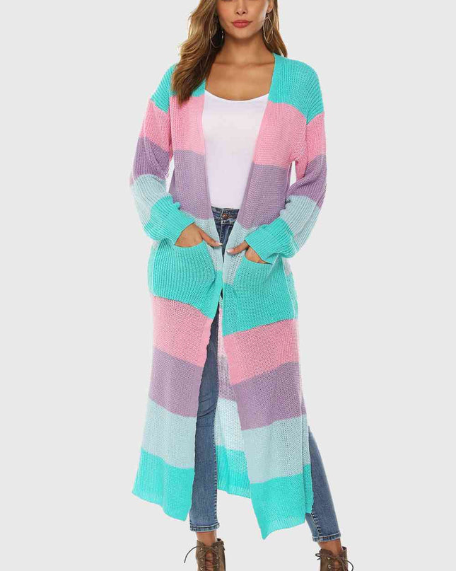 Color Block Long Sleeve Pocketed Cardigan