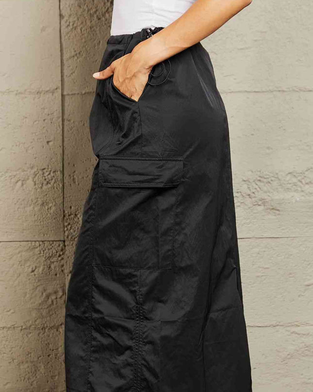 HYFVE Just In Time High Waisted Cargo Midi Skirt in Black