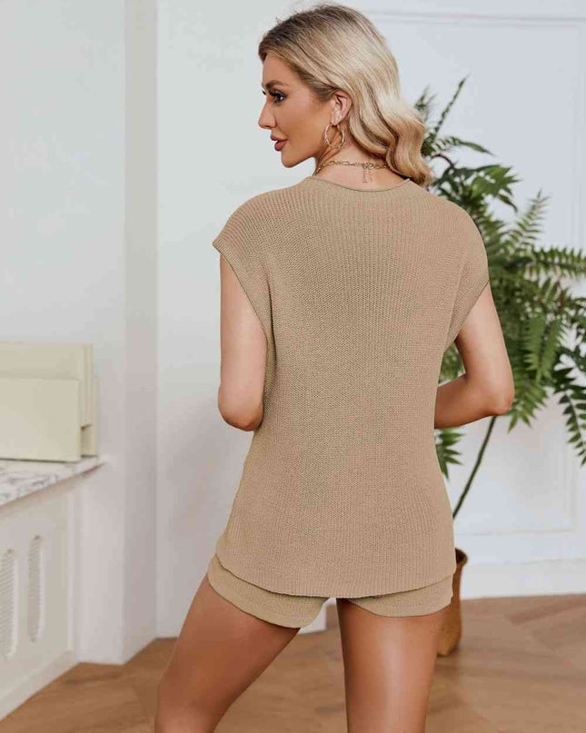 Ribbed Round Neck Pocket Knit Top and Shorts Set