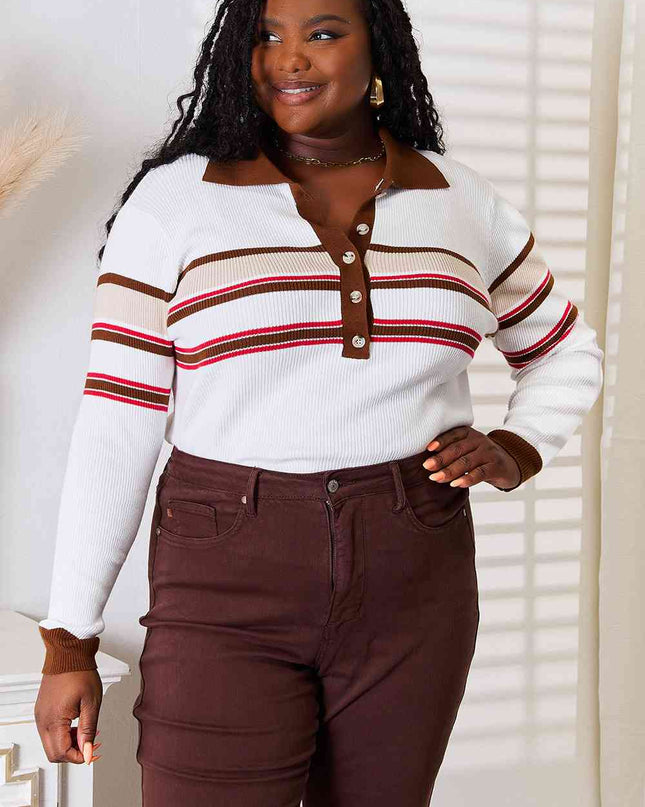 Basic Bae Striped Collared Neck Rib-Knit Top