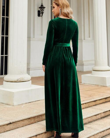 Tie Front Round Neck Long Sleeve Maxi Dress