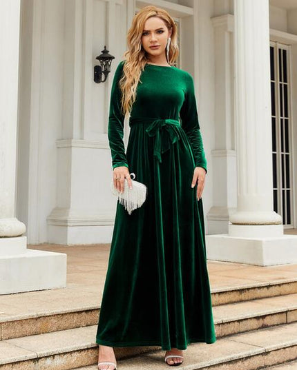 Tie Front Round Neck Long Sleeve Maxi Dress
