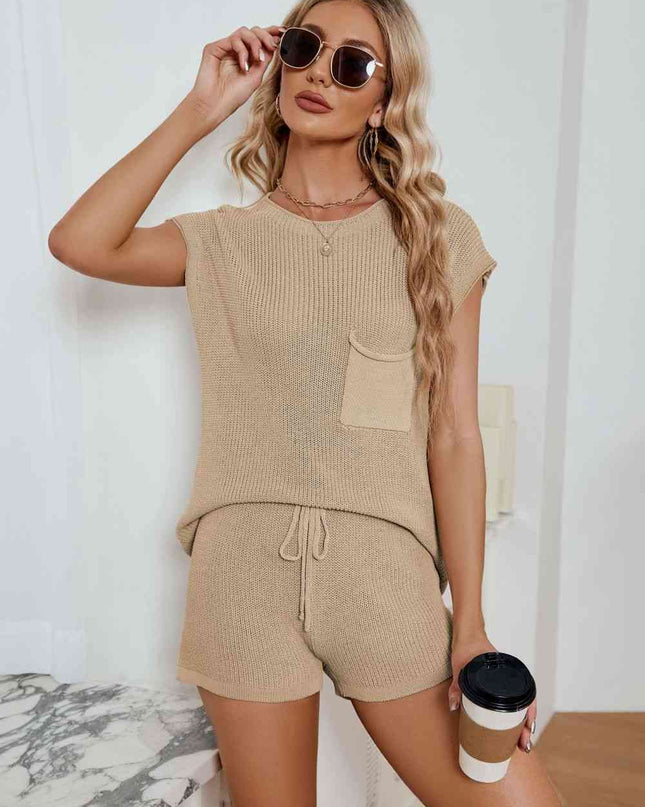 Ribbed Round Neck Pocket Knit Top and Shorts Set