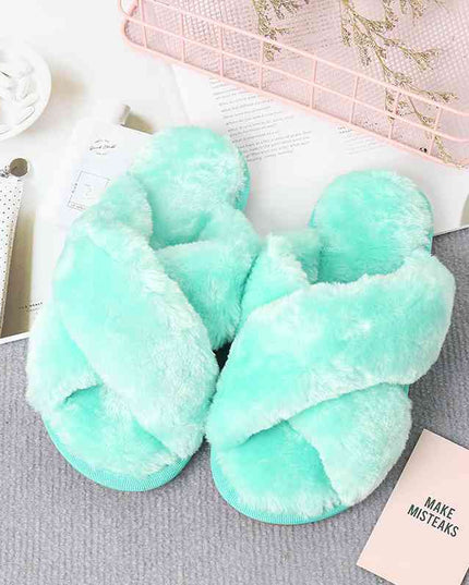 Faux Fur Crisscross Strap Slippers