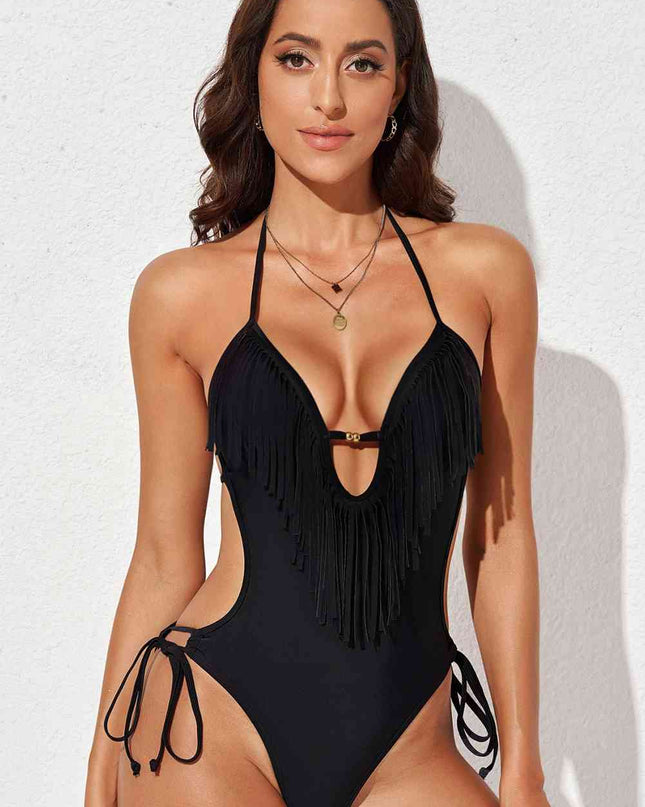 Fringe Trim Tied Halter Neck Backless One-Piece Swimsuit