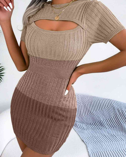 Color Block Cutout Short Sleeve Sweater Dress