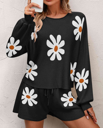 Floral Print Raglan Sleeve Knit Top and Tie Front Sweater Shorts Set