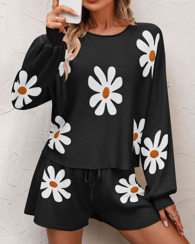 Floral Print Raglan Sleeve Knit Top and Tie Front Sweater Shorts Set