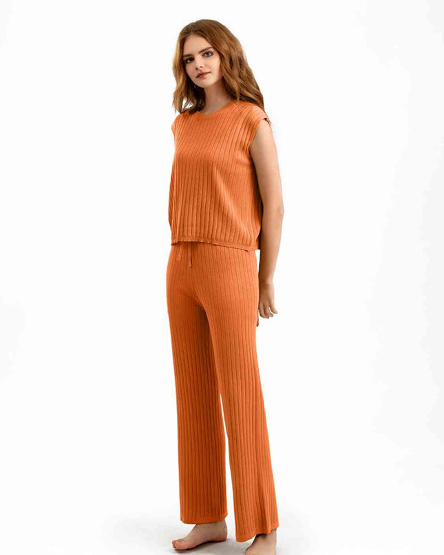 Ribbed Sweater Vest and Drawstring Knit Pants Set