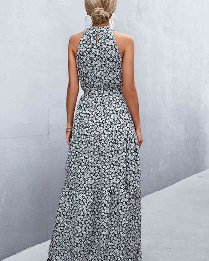 Printed Sleeveless Tie Waist Maxi Dress