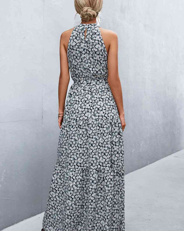 Printed Sleeveless Tie Waist Maxi Dress
