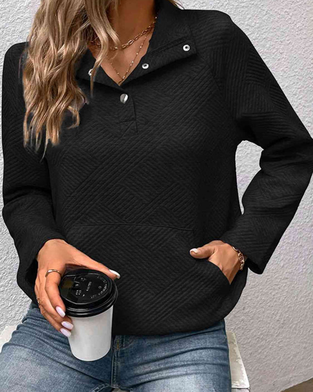 Half Buttoned Collared Neck Sweatshirt with Pocket