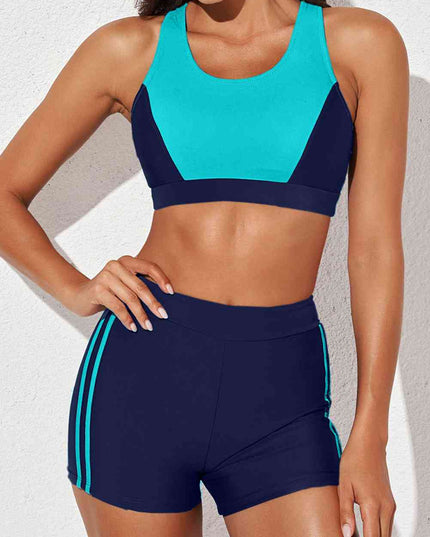 Printed Scoop Neck Back Crisscross Swim Set