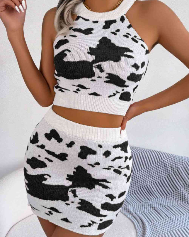 Contrast Sleeveless Knit Top and Mini Skirt Set