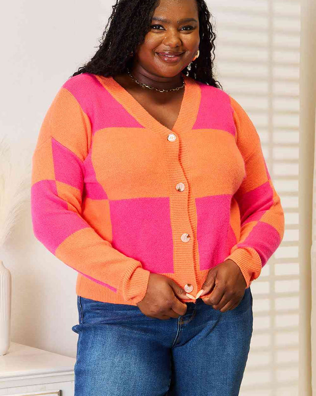 Woven Right Checkered V-Neck Dropped Shoulder Cardigan