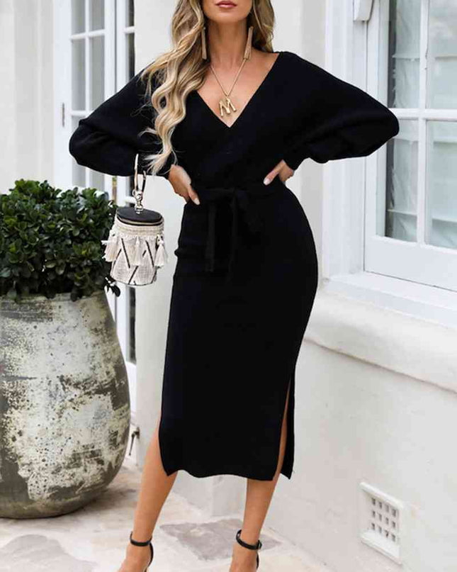 Surplice Neck Bow Waist Slit Sweater Dress