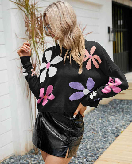 Flower Round Neck Drop Shoulder Sweater