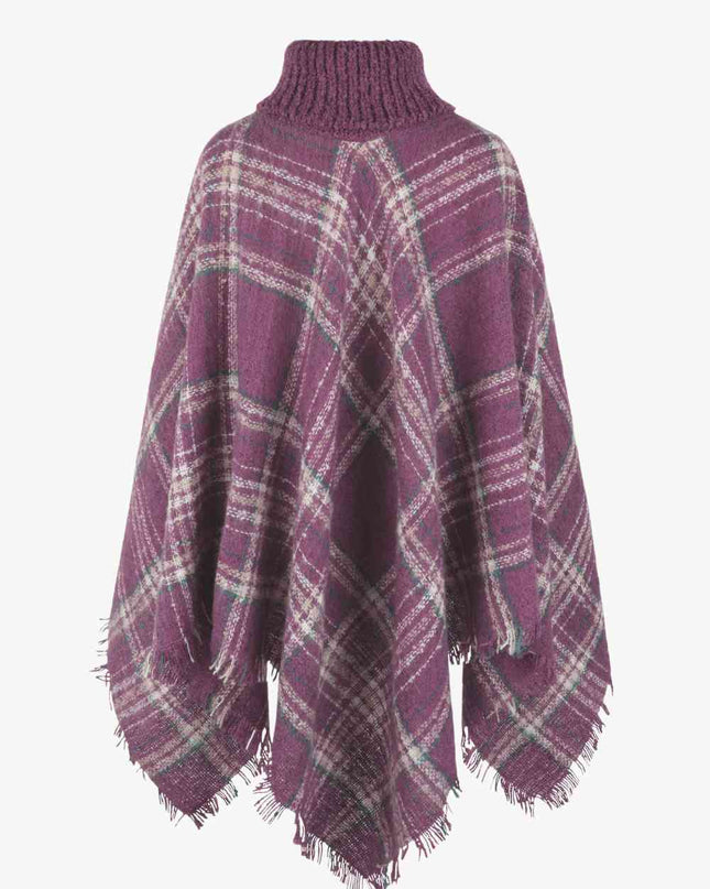 Plaid Turtleneck Fringe Hem Poncho