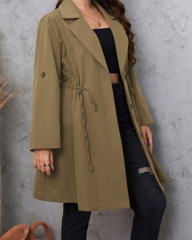 Plus Size Lapel Collar Drawstring Roll-Tab Sleeve Trench Coat