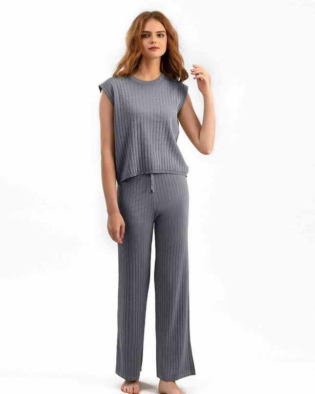 Ribbed Sweater Vest and Drawstring Knit Pants Set