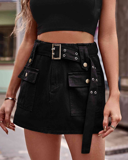Belted Denim Shorts with Pockets