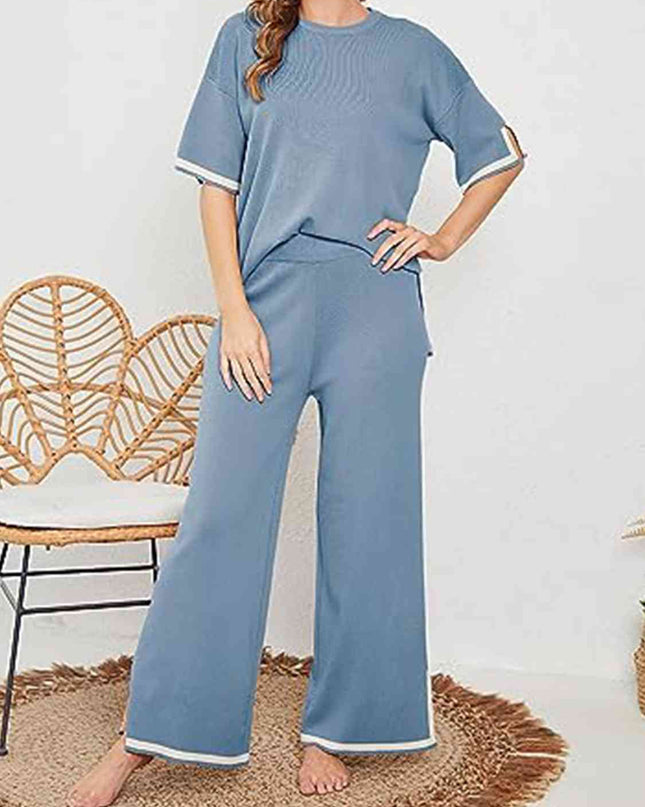Contrast High-Low Sweater and Knit Pants Set