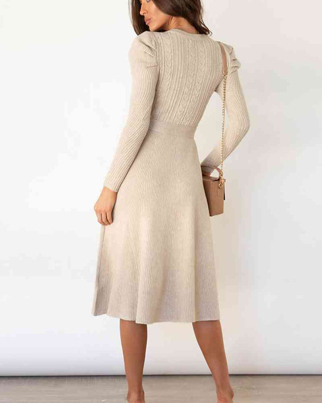 Round Neck Long Sleeve Tie Waist Sweater Dress