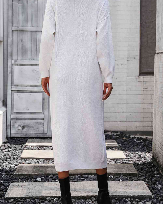 Notched Neck Dropped Shoulder Button-Down Midi Dress