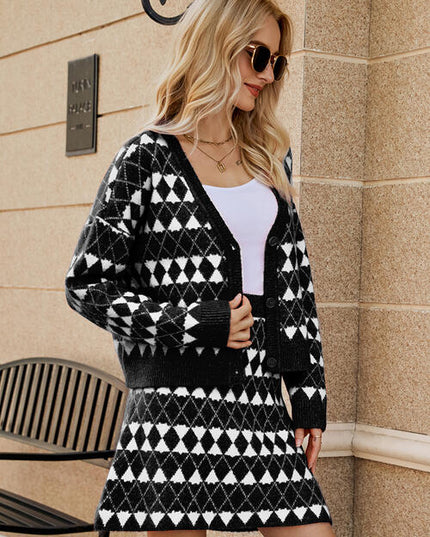 Geometric Button Front Cardigan and Skirt Set