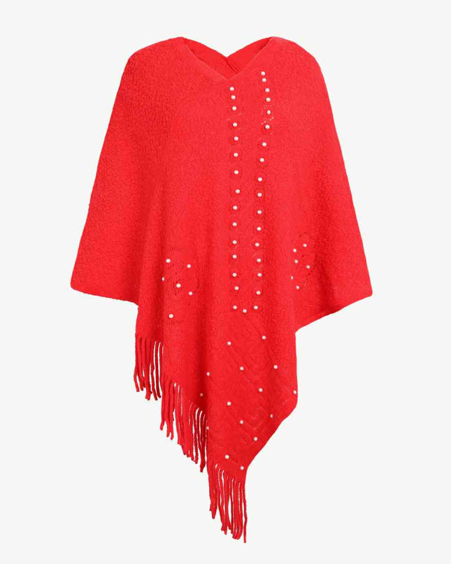 Pearl Trim Fringe Hem Poncho