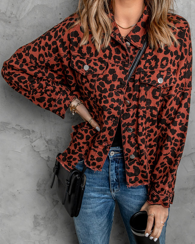 Double Take Leopard Print Raw Hem Jacket