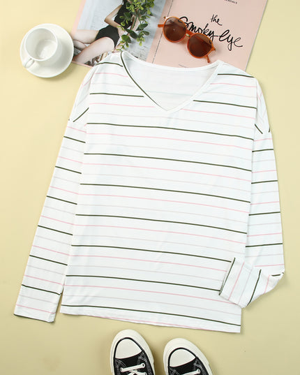 Striped Dropped Shoulder V-Neck Top