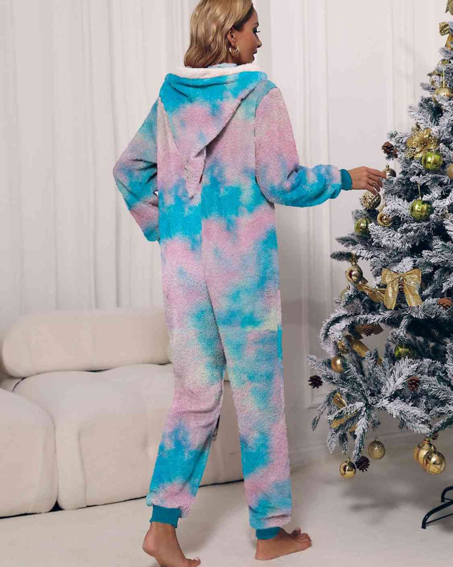 Zip Front Long Sleeve Hooded Teddy Lounge Jumpsuit
