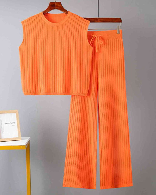 Ribbed Sweater Vest and Drawstring Knit Pants Set