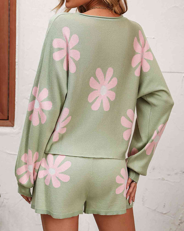 Floral Print Raglan Sleeve Knit Top and Tie Front Sweater Shorts Set