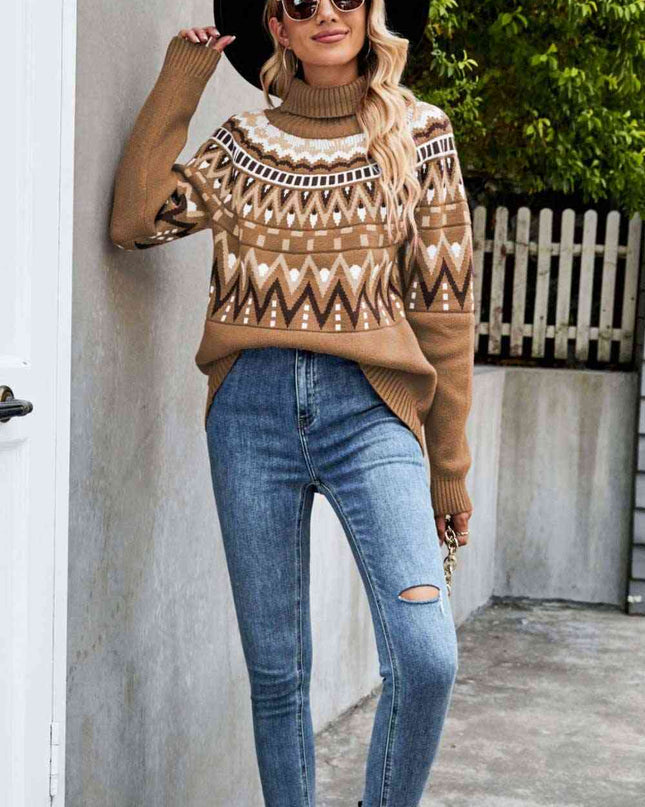 Woven Right Chevron Turtleneck Ribbed Trim Sweater