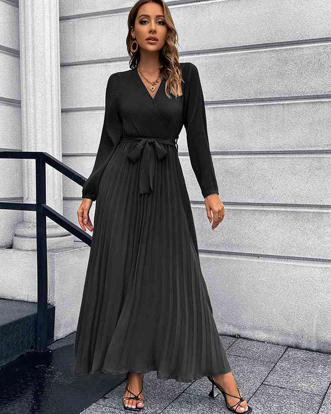 V-Neck Tie Waist Pleated Maxi Dress