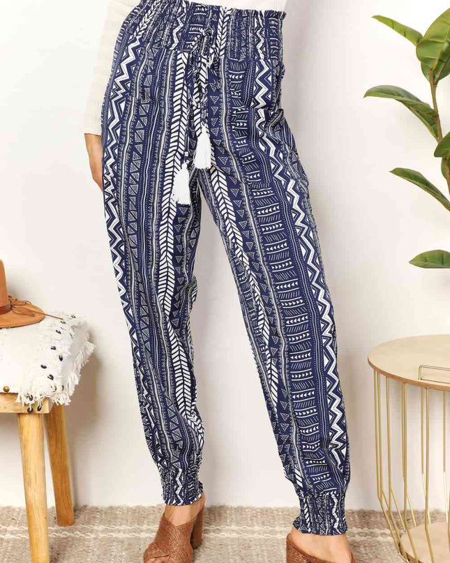 Double Take Geometric Print Tassel High-Rise Pants