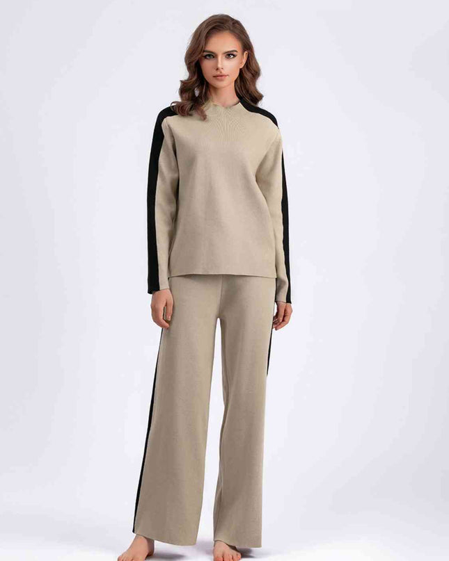 Contrast Sweater and Knit Pants Set