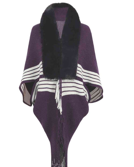Striped Fringe Detail Long Sleeve Poncho